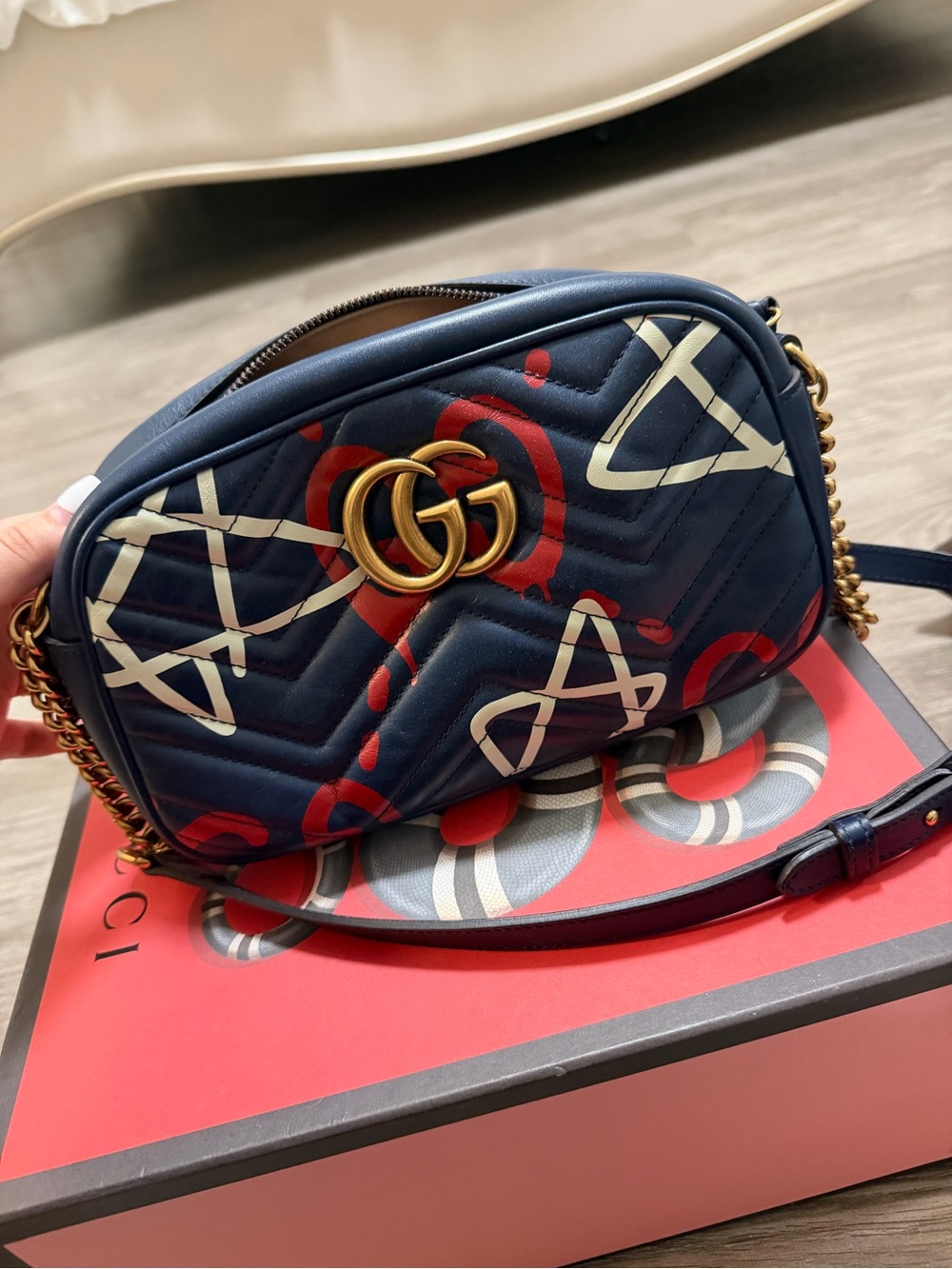 Gucci Navy Leather GG Marmont Camera Bag with Red and Cream Graphic Print